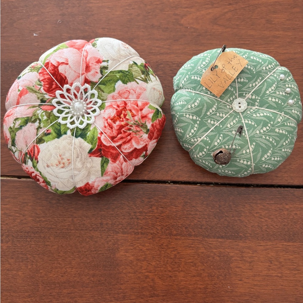 2 handmade Pin cushions rose and Lily of the Valley